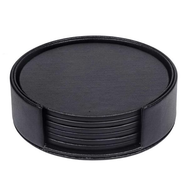 6-pak Reversible Coasters Sort PU Læder Med Holder Sort