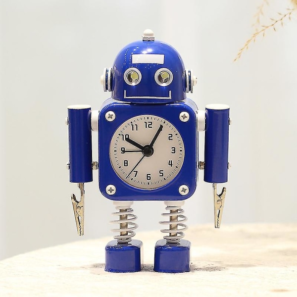 Robotvekkerklokke, stillegående vekkerklokke i rustfritt stål med glitterøyne og svingarm, barnegave blue