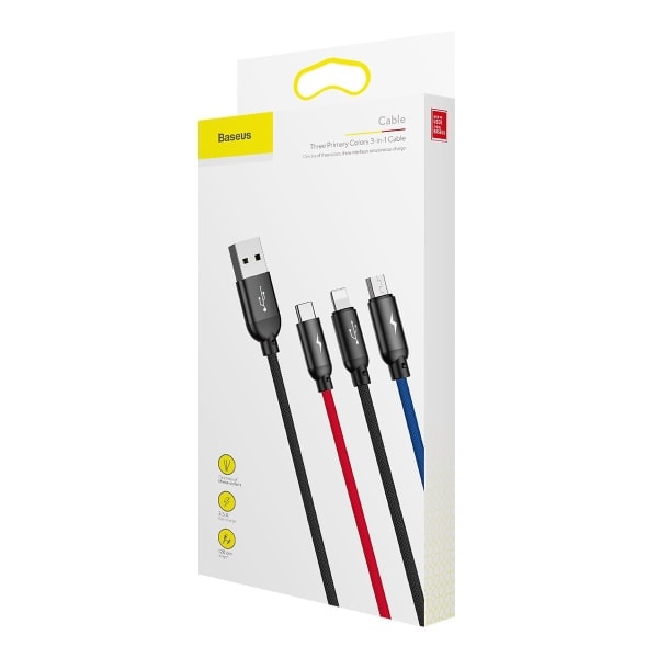 Baseus 3-i-1 multiladdare, USB-C/Lightning/MicroUSB, 3,5A, 1,2m