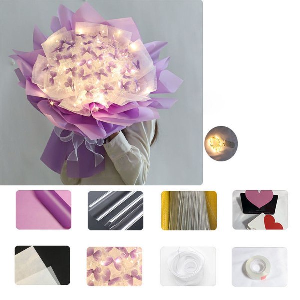 Hårbånd Ny 33pc Sommerfugler Blomsterbukett Gaveeske Med Led Lys Flott Gaveidé Til Valentinsdag, Bursdag, Jubileum, Forlovelse One Size Purple