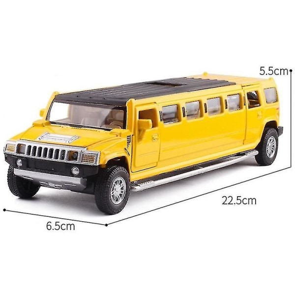 Hög simulering 1:32 Legering Hummer Limousine Metall Diecast Bilmodell Dra tillbaka Blinkande musikalisk Barnleksaksfordon Yellow