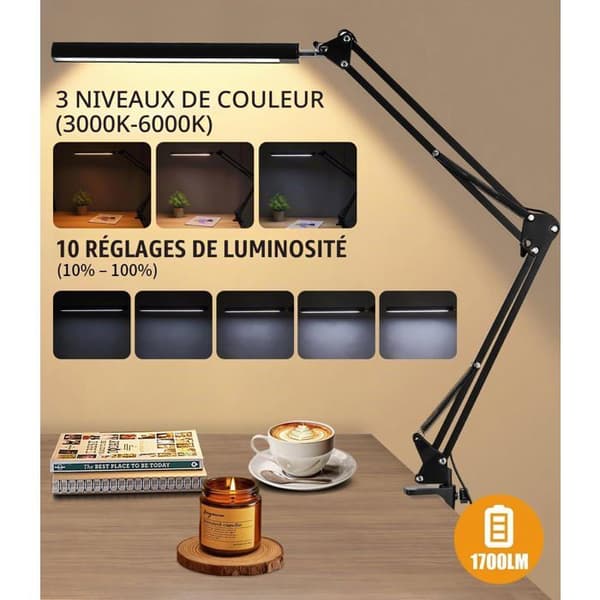 LED-bordlampe med 3 tilstande og 10 lysstyrkeniveauer, moderne arkitektlampe, ideel til læsning, makeup, arbejde, studier og gør-det-selv-projekter