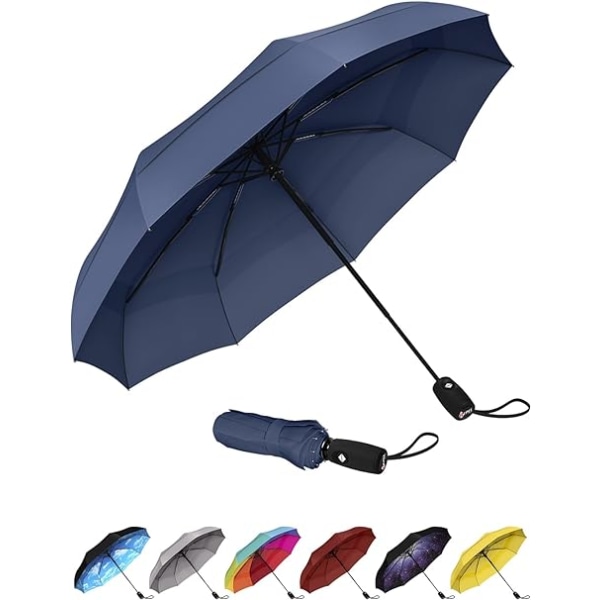 Reiseparaply - Kompakt, lett, automatisk, sterk og bærbar - Vindbestandig, liten sammenleggbar ryggsekkparaply for regn - menn og kvinner