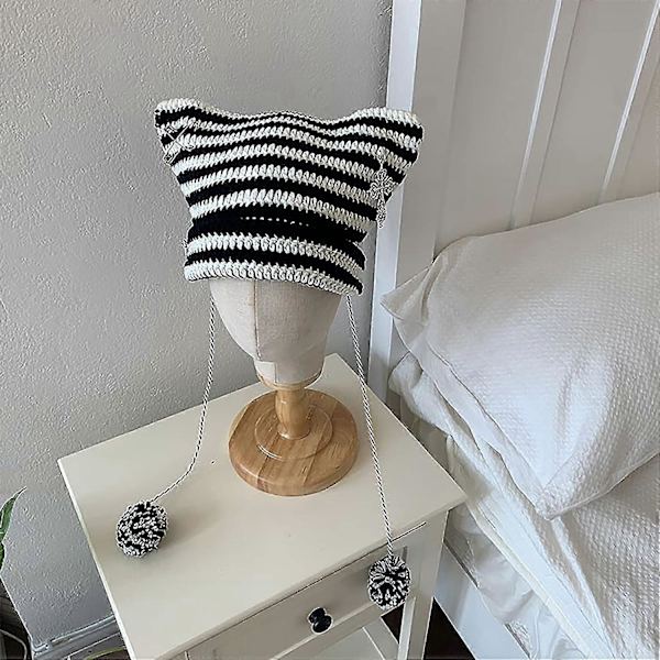 Kissa pipo Söpö virkattu kissa pipo hopeisella hiusneulalla Vintage asusteet Käsintehty neulottu hattu Black