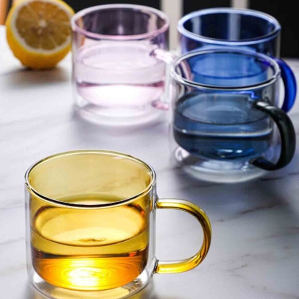 Dubbelväggig glasvattenkopp isolerade glas färgglada 250 ml muggar Yellow 250ml