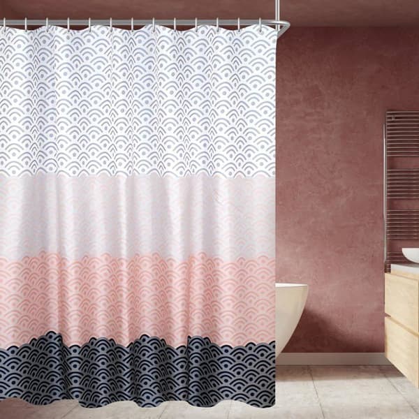 Dusjforheng 180 x 200 cm, blomstermønster, vektet kant, polyester med maljer og 12 ringer til bad, badekar