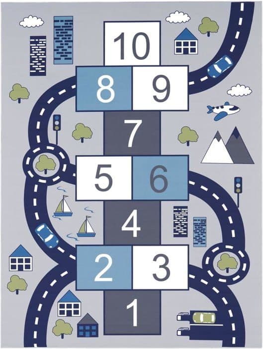 Børneværelsestæppe, Legetæppe, Drenge-/Pigetæppe, Hus, Biler, Vejdesign, Farve: Grå, Størrelse: 80x160 cm