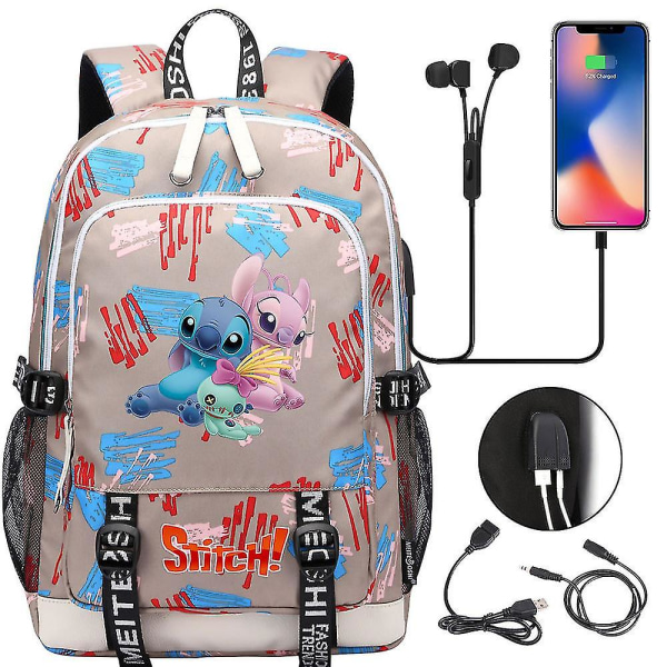 Anime Stitch Filmer Usb-lading Ryggsekk Skolesekk Grunnskolestudent Gutter Jente Bokveske med stor kapasitet Høy kvalitet style 3