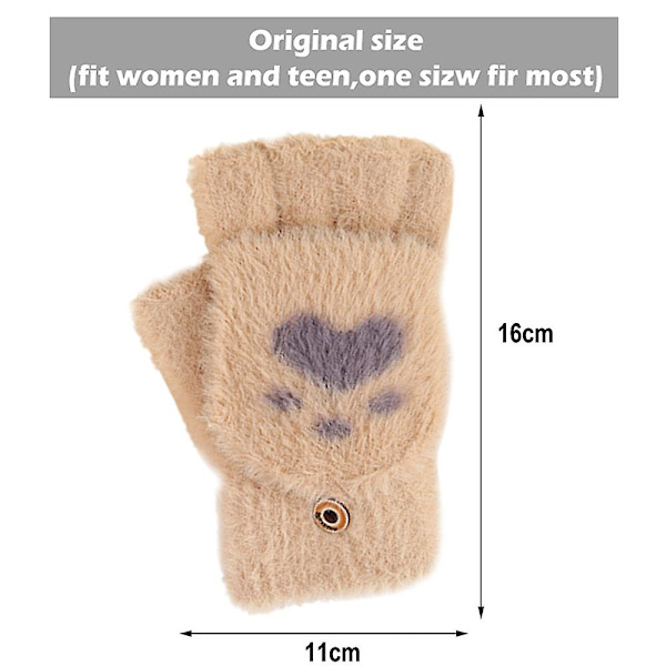 Stickade plyschklaffhandskar vinterhalvfingerhandskar dam söta handskar Beige
