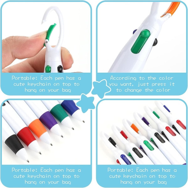6 stk. Retractable Shuttle Penner med Karabinkrok, 4-i-1 Kulspisser Multicolor Penner med Spenne Nøkkelring på Toppen