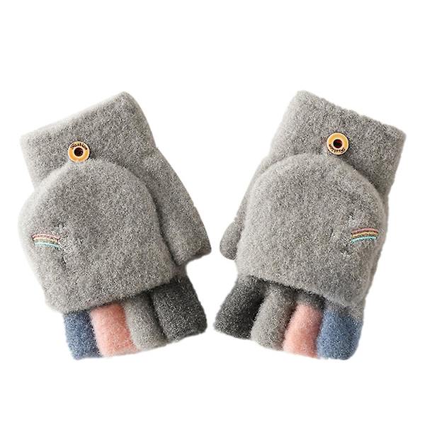 Vinterhalvfingerhandskar stickade sammetsklaffhandskar vackra broderade regnbågshandskar grey