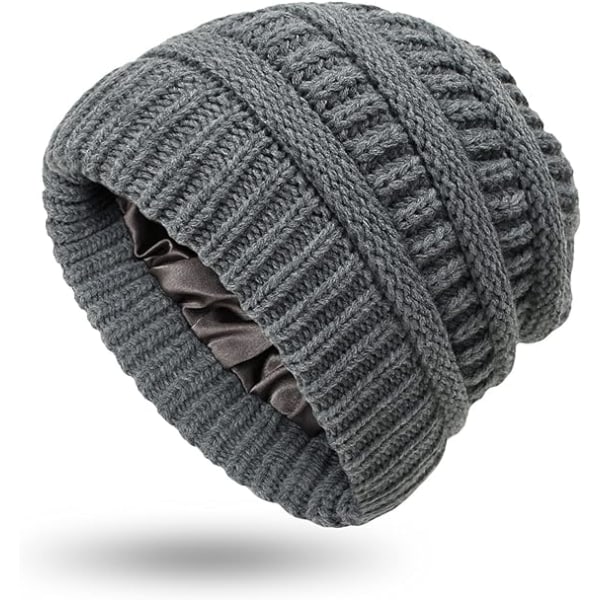 Talvilämmin neulottu hattu Satiinivuorattu kaapelineulottu pipo Paksu slouchy cap naisille (harmaa)