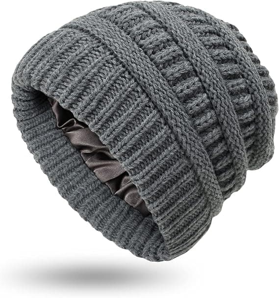 Vintervarm Stickad Mössa med Satinfoder Kabel Stickad Beanie Chunky Slouchy Skallehatt för Kvinnor Grey