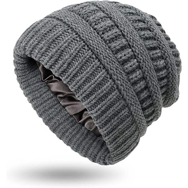 Vintervarm Strikket Hat med Satinforing Kabelstrikket Beanie Chunky Slouchy Skull Cap til Kvinder Grey