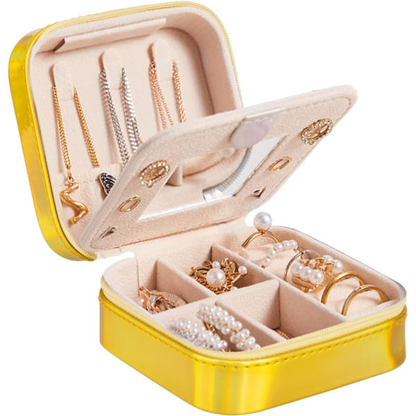 Mini bærbar smykkeskrin arrangør, rejse smykkeskrin, læder dobbelt lag smykkeskrin med spejl, smykkeskrin piger kvinder (guld)