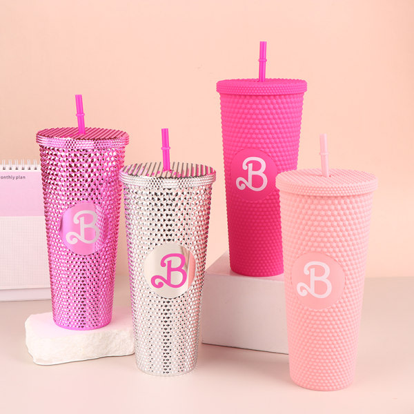 710 ml Barbie glasflaska Barbie rosa mugg med sugrör Kawaii Rosa Pink