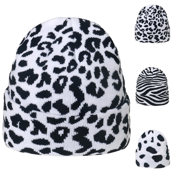 Student Beanie Hat Leopard Pattern Warm Autumn Winter Thick Stretchy Cap for Outdoor