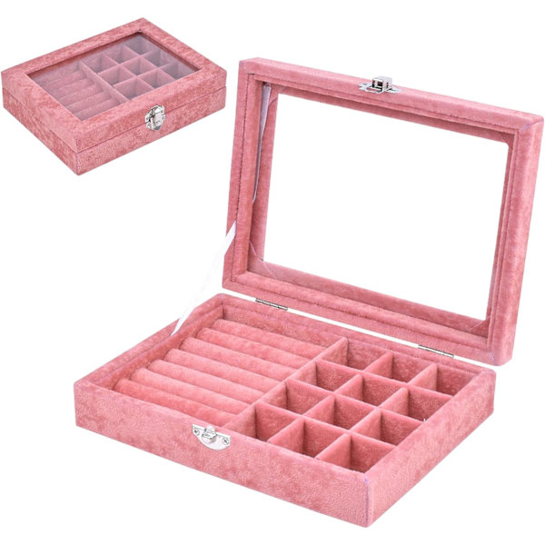 Smykkearrangørboks, Smykkeudstillingsboksbakke med glaslåg, Multifunktionel smykkeopbevaringsboks, Smykkeudstilling til smykker (Pink)