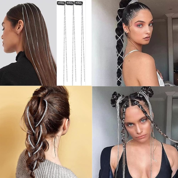 Rhinestone hårkæder sølv krystal punk hårklemmer extensions flettet hårklemme kvast bling lang rhinestone dekorativ til kvinder piger fest gave