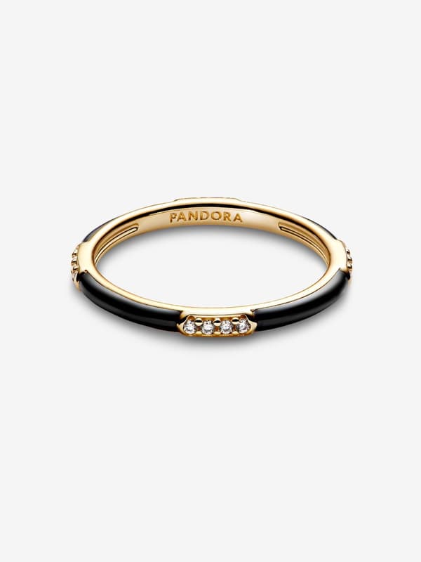 Pandora - Svart Emalj & Stenar Ring - 14k guldplätering Circumference: 52mm