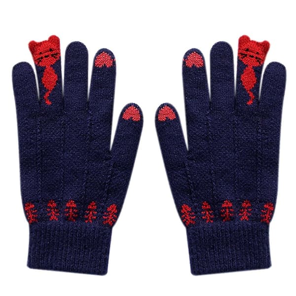 Vinter Kvinder Søde Tegneserie Katte Touch Screen Handsker Fuld Finger Strikkede Luffer Dark blue