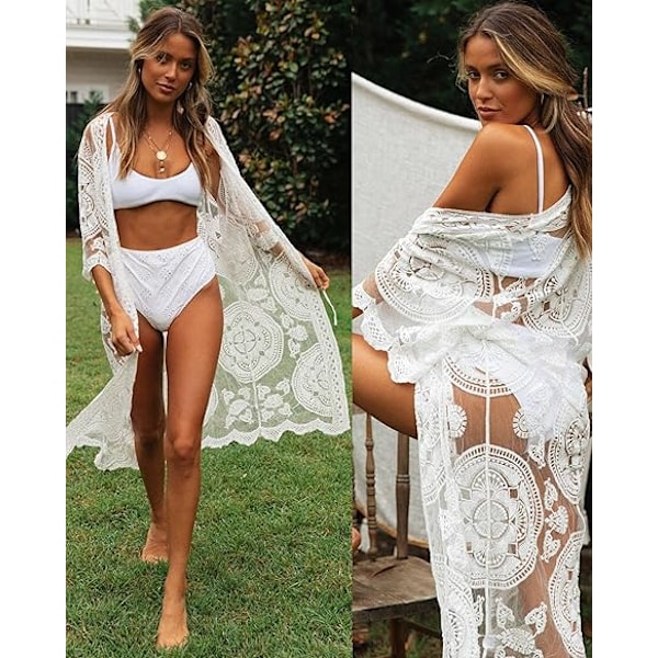 Kvinnors baddräkt Cover Up Baddräkt Kimono Lång Strandklänning Blommig Spets Bikini Badkläder Solskyddskläder White