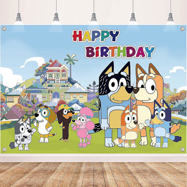 2 kappaletta Sininen koira syntymäpäiväjuhlatarvikkeita Koristeet Sininen koira Hyvää syntymäpäivää Banner Tausta Lapsille Juhlalahjat Koriste 125x80cm Tausta