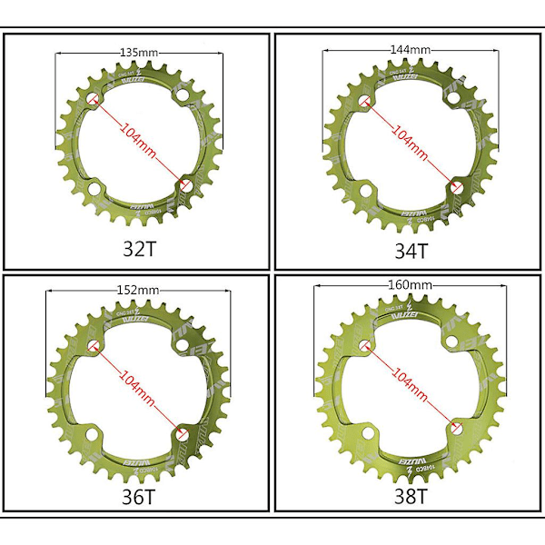 104bcd 32-42t Cykelkedjehjul Mtb Kedjehjul Smal Bred Oval Rund Tand Golden 32T