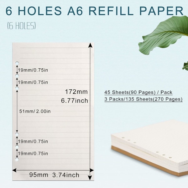 A6-genopfyldningspapir, 3 pakker 100GSM tykt genopfyldeligt papir 6-hullers fyldstof Indlæg løst papir 135 ark (270 sider)