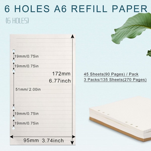 A6 Refill Paper, 3 Pakker 100GSM Tykt Refillable Paper 6 Hull Fyllstoff Innlegg Løsark Paper 135 Ark (270 Sider)