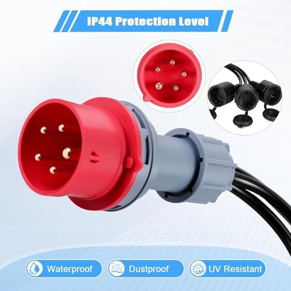 CEE-adapteri, 400V 16A - 3 x 230V Schuko-pistorasiaa, IP44-virtajakaja saranoidulla kannella, adapterikaapeli