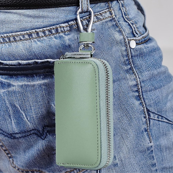 Læder nøgletaske til mænd med lynlås bean green