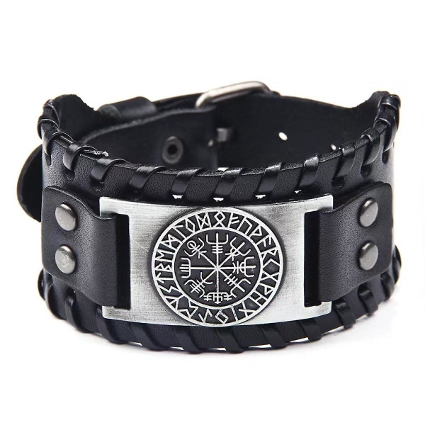 Veeki Black Leather Bracelet Viking Nordic Runes Leather Wristband Bangle Bracelet For Men