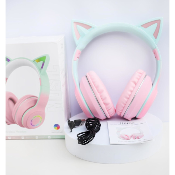 Børns Bluetooth-hovedtelefoner Over Ear, LED Light Up Cat Ear Børne-hovedtelefoner, Foldbare Stereo-hovedtelefoner Trådløse Kablede hovedtelefoner