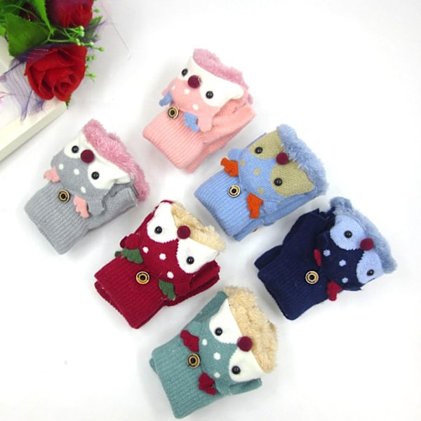 Cartoon Renen Barnvantar Halvfinger Vinter Konvertibel Flip Top Varma Plysch Stickade Vantar Dark blue