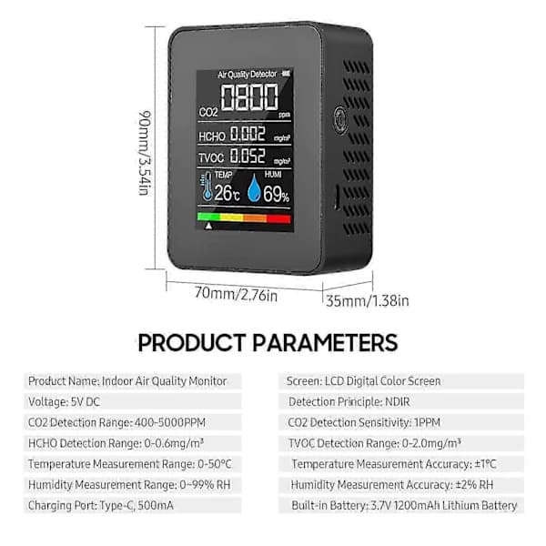 5-i-1 CO2-måler 400-5000 PPM Sensor Karbondioksiddetektor Luftkvalitetsmåler jy Svart Black