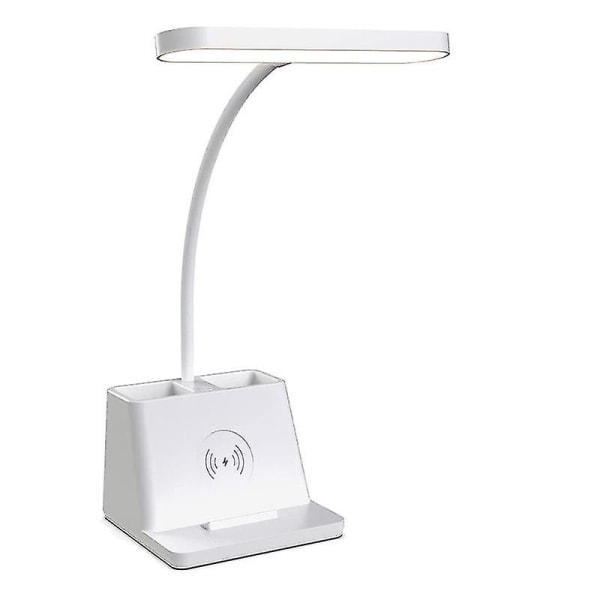 Skrivbordslampa med trådlös laddare, vit svanhals bordslampa, arbetsrum för sovrum -bordslampor Offi