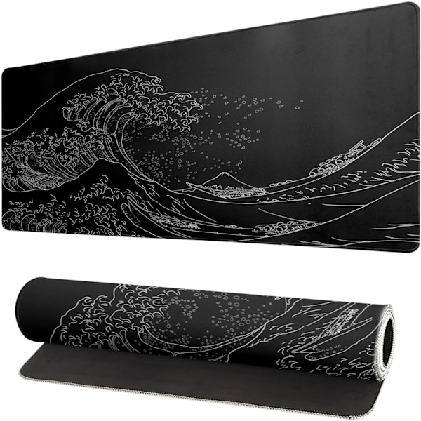 Sea Wave Large Mouse Pad, Anime Black Gaming, Extended Kanagawa Mat Desk Pad, 3mm Thick Long Non-Slip Rubber Base Mouse Pad, 31.5 X 11.8 Inch