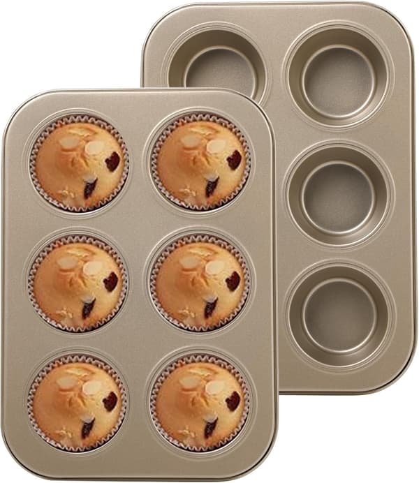 Sæt med 2 stålforme til 6 muffins, bageplade med non-stick belægning, perfekt til muffins, cupcakes, kager og budding