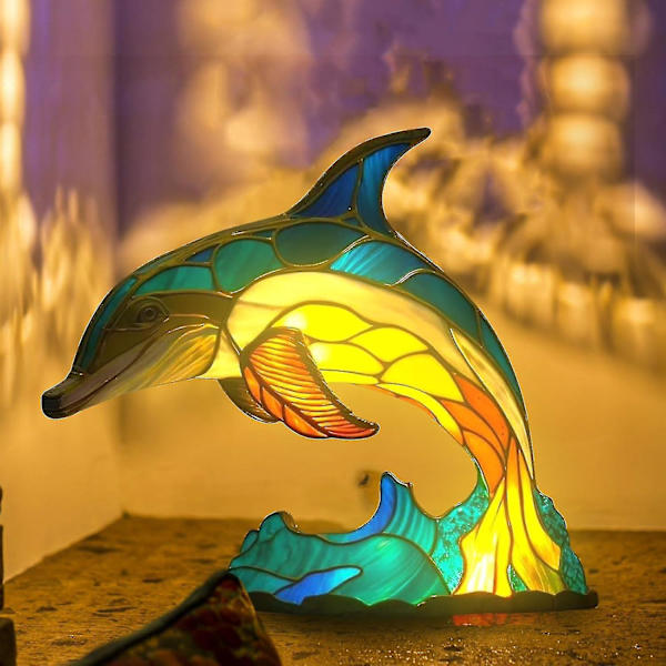 Lasimaalauksen pöytälamppu Eläimen muotoinen Marokkolainen Yöpöytälamppu, Boheemi maalaus Yövalo Koristeelliset Yöpöydän lamput Sisustus Dolphin Shape