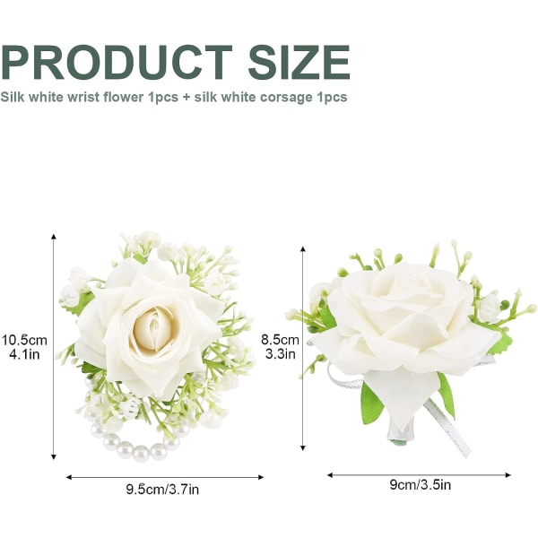2 stk. kunstige håndledsblomster hvide roser til bryllup, mænds boutonniere rose corsage, brud brudepige håndledsrem armbånd bryllupsblomster
