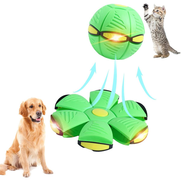 Flygande tefat leksak boll för husdjur, magisk deformation UFO leksak för barn husdjur, hund utomhusleksaker flygande boll (grön, 3 lampor)