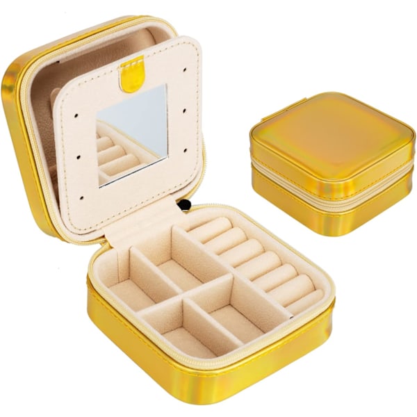 Mini bærbar smykkeskrin arrangør, rejse smykkeskrin, læder dobbelt lag smykkeskrin med spejl, smykkeskrin piger kvinder (guld)