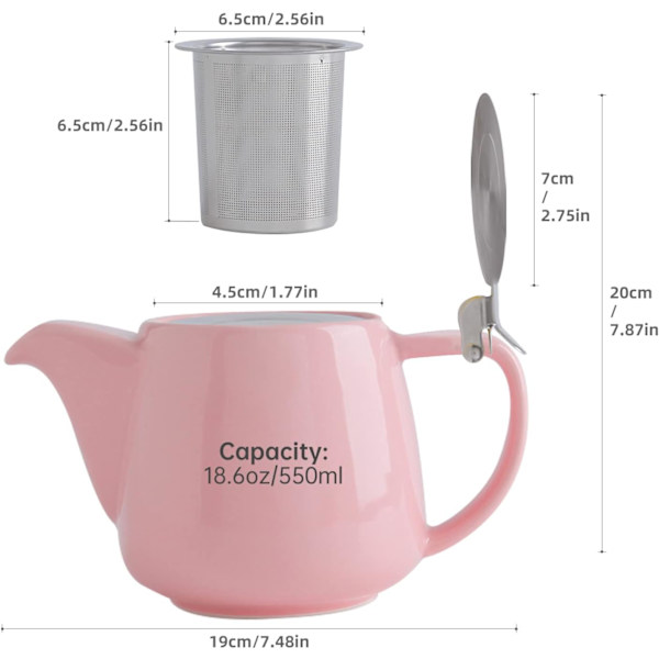 Posliininen teekannu SLS-kannella ja irrotettavalla suodattimella, 550 ml/18,6 unssia keraaminen kantoteekeitin kukkivalle ja irtoteelle Pink