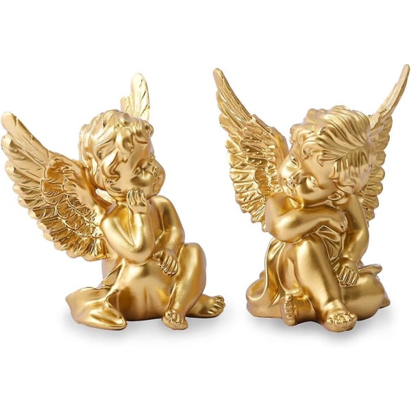Sett med 2 gull engler harpiks kjeruber statue figur, innendørs utendørs hjemme hage dekorasjon
