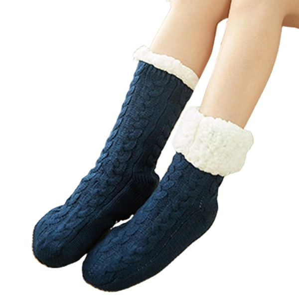 Kvinners Vinter Varme Tykke Strikkede Plysjforede Tøffelsokker Ensfarget Chunky Kabel Heklet Myke Fuzzy Koselige Sovestrømper Dark blue