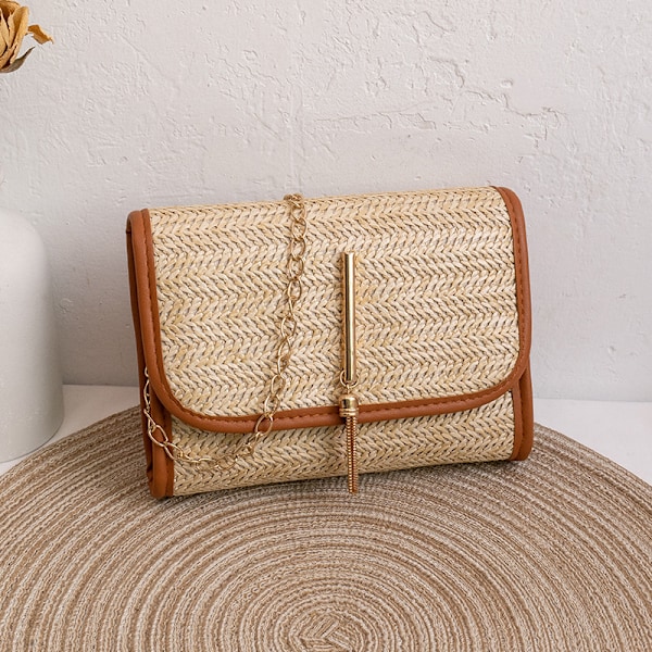 Mobiltelefon Taske til Piger Fashion Halm Taske Messenger Fashionabel og alsidig Brown Tassel