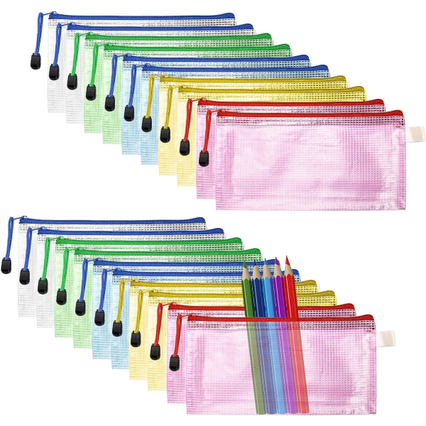 20 STK gennemsigtigt blyanthus mesh blyantpose, mesh dokumentpose blyantpose plastpung fil lynlåsposer rejseopbevaringspose (tilfældig farve)