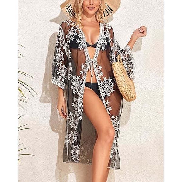 Kvinnors baddräkt Cover Up Baddräkt Kimono Lång Strandklänning Blomspets Bikini Badkläder Coverup Solskyddskläder black