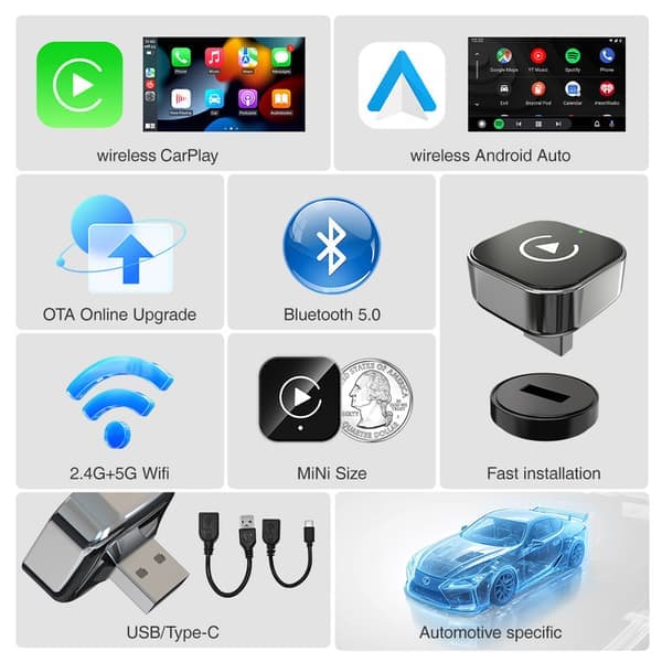 2-i-1 Trådløs CarPlay Adapter Android Auto Trådløs Adapter Smart Mini Boks USB Dongle Plug and Play WiFi Hurtig Forbindelse